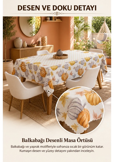 Vivanni Home Yıkanabilir Dikdörtgen Masa Örtüsü Günlük Kullanıma Uygun Pratik Ve Uzun Ömürlü Balkabağı Beyaz