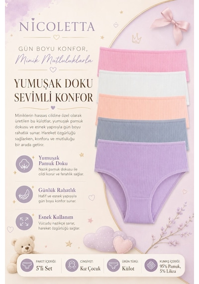 Nicoletta Kız Çocuk Külot 5 Li Paket Likralı Fitilli Pamuklu Lila