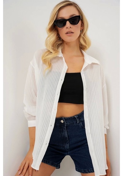 Defymoda Uzun Oversize Gömlek 20320 - Beyaz Beyaz