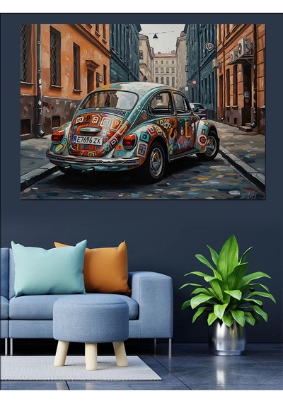 Ahşap Tablo Sokakta Duran Çiçekli Klasik Araba