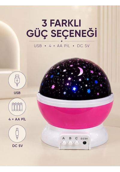 Pembe Yıldızlı Gece Lambası Döner Gökyüzü Projeksiyon Işığı Çok Renkli