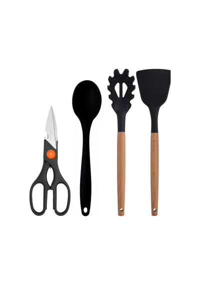 Siyah Bambu Silikon 7'li Mutfak Seti, Kepçe, Kaşık, Kevgir, Makarna Kepçesi, Spatula, Makas Diğer