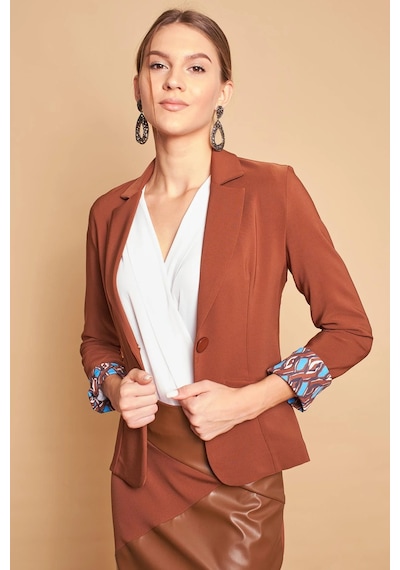 Yakalı Flato Cepli Kolu Duble Uzun Kol Ofis Şık Blazer Kumaş Ceket -koyu Taba K.taba
