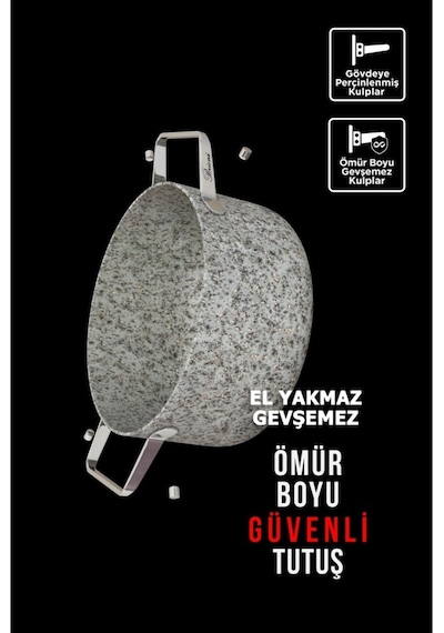 Brioni Stone-age 3 Parça 28cm Basık- 28cm Tava Çizilmez Yanmaz Yapışmaz Kombin Tencere Tava Seti Gri