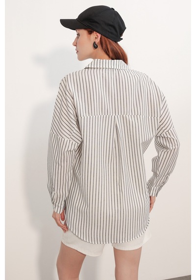 Bigdart Kadın Oversize Çizgili Gömlek 20412 - Siyah