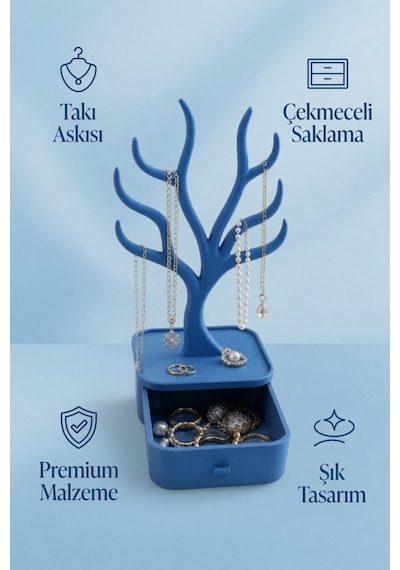 Ağaç Tasarımlı Çekmeceli Takı Organizer Kolye Askılığı Yüzük Küpe Bileklik Saklama Kutusu Mavi