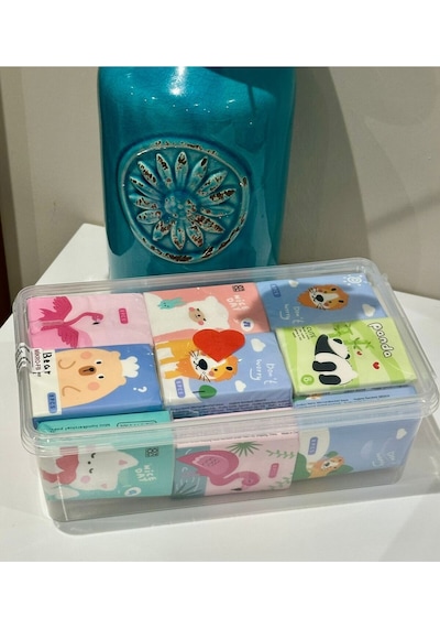 Pratik Hijyen Seti-9 Paket Kağıt Mendil - 8 Paket Mini Islak Mendil - Sihirli Sabun + Saklama Kabı