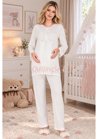 Quilling Lady Ekru Renkli, Dantel Detaylı 33209 Uzun Kol, 2 Parça Lohusa Hamile Pijama Takımı M - L