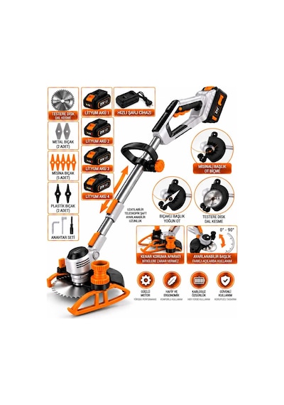 Dragro Drg-21v Kömürsüz Motor T 2x Bataryalı Ot Çim Çalı Kenar Biçme Tırpan Makinesi 4 Akülü
