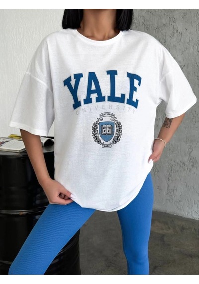 Kadın Kısa Kol Yazlık Tişört Bisiklet Yaka Yale Baskılı T-shirt - Beyaz