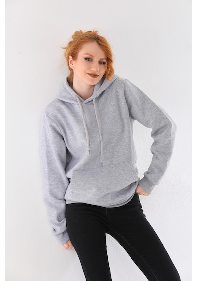 Everest Everst Kapüşonlu 3 İplik Şardonlu Kanguru Cepli Sweatshirt Gri