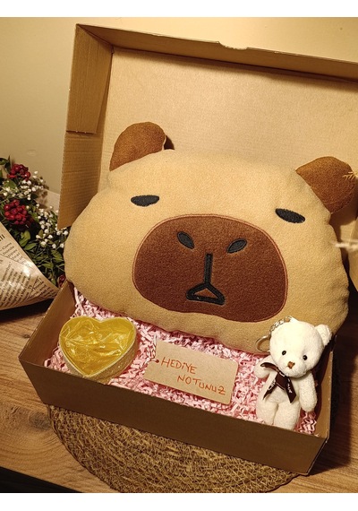 Kutulu Hediye Seti / Capybara Yastık 30cm, Ayıcık Anahtarlık Ve Kalp Şeklinde Tüllü Kutu