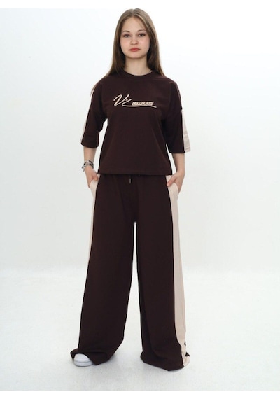 Kız Çocuk %100 Pamuk London Baskılı Oversize Garnili Truvakal Kollu Eşofman Takımı-293-eşt-0010 Kahverengi