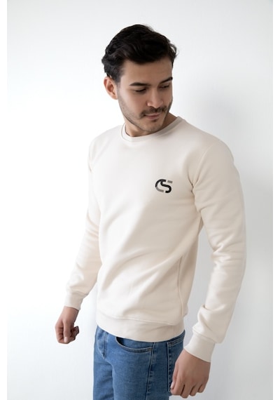 Erkek Bej Renk Kapşonsuz Baskılı Sweatshirt Bej