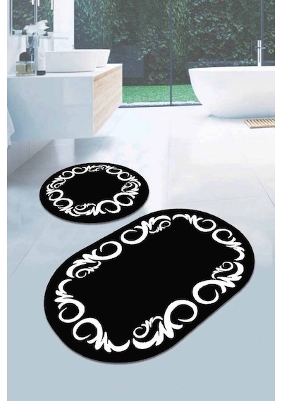 Siyah Çerçeveli Desen Oval Banyo Klozet Paspas Seti Bs074n11