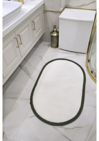 Kaymaz Taban Puffy Peluş Ultra Yumuşak 50x70 Cm Bordürlü Şık Tasarım, Suya Dayanıklı Banyo Paspası Beyaz-yeşil