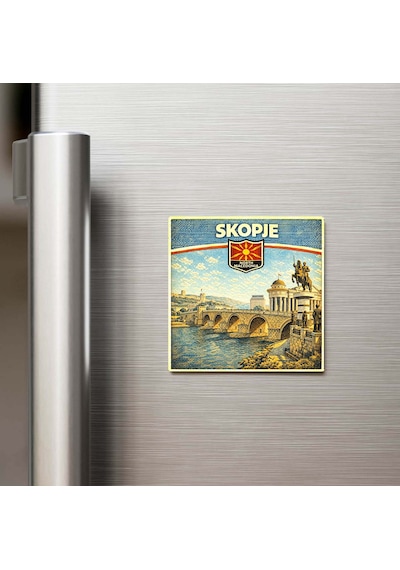 Retro Kuzey Makedonya Üsküp Şehri Temalı Vintage Buzdolap Magneti 9x9 Cm