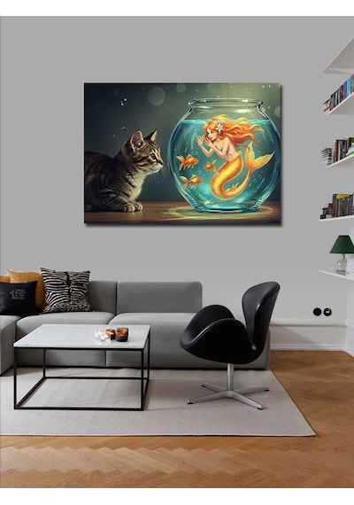 Kanvas Tablo Akvaryumlu Denizkızı Ve Yaramaz Kedi 100cmx140cm