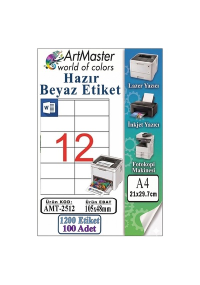 A4 Hazır Beyaz Etiket 105x46 Mm 100 Sayfa 1 Paket 12 Li Kendinden Yapışkanlı Fotokopi Lazer İnkjet Kağıdı Yazıcılar İçin