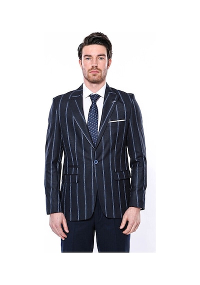 Wessi Çizgili Lacivert Slim Fit Ceket Siyah