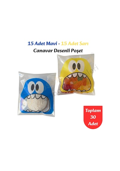 30 Adet Mavi-sarı Renkli Canavar Desenli Cake Pop & Kurabiye Poşeti-10x15 Cm