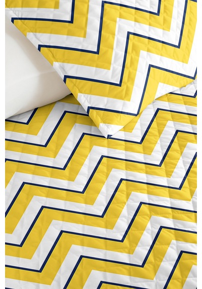 Sarı Zigzag Geometrik Genç Odası Tek Kişilik Pike Takımı - Lacivert 160x220 Cm Kapitone Yatak Örtüsü Kırmızı
