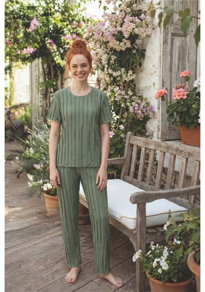 Medinenur Fırfır Detaylı Örme Kısa Kol Pijama Takımı Yeşil