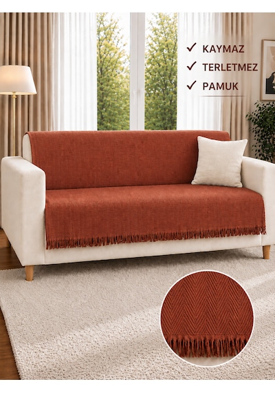 Sevhome Concept %100 Pamuk Kaymaz & Terletmez & Saçaklı & Yumuşak Koltuk Örtüsü-tek Ve Çift Kişilik Koltuklar İçin- 170 X 200 Cm Kiremit