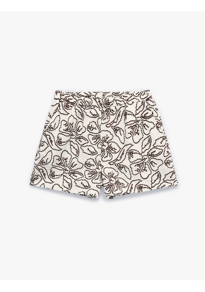 Koton Koton X Melis Ağazat - Keten Karışımlı Cepli Floral İşleme Detaylı Mini Şort Bordo Desenli 6sak40130ew