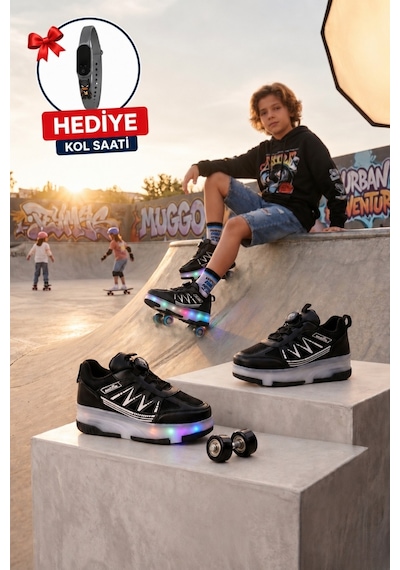 Muggo Sky Çocuk Işıklı Patenli Tekerlekli Sneaker Spor Ayakkabı Siyah
