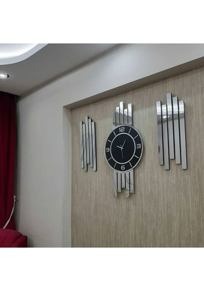 Gümüş Renk Aynalı Pleksi Modern Tasarım Oval Duvar Saati Tablo 3 Lü Set Sessiz Mekanizma Saat 70x35cm Tablo 50x20 Cm Ahşap - Gümüş - Siyah