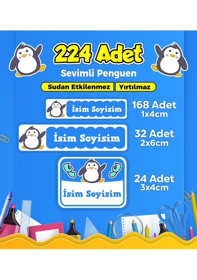 Sevimli Penguen Temalı Okul Kreş Kişiye Özel İsim Etiket Seti - Model 99 Çok Renkli