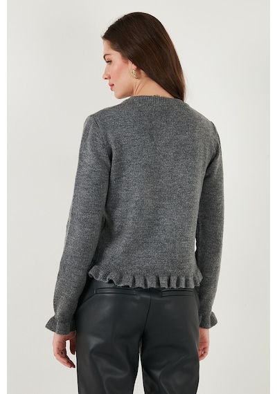 Lela Premium Pile Detaylı Regular Fit Yuvarlak Yaka Triko Bayan Hırka 680Hi00038 Antrasit