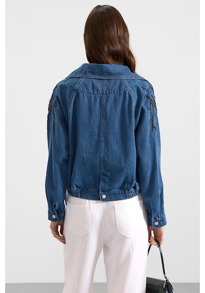 Olcay Kolu Boncuk İşlemeli Astarsız Denim Ceket Mavi 8283
