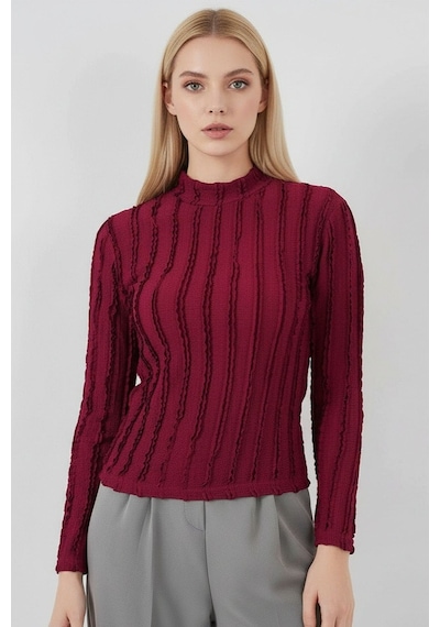 Hiccup Bdart Dokulu Slim Fit Dik Yaka Bluz Bordo Kırmızı