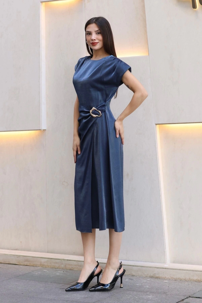 Lodmela Toka Ve Drape Detaylı Soft Saten Midi Elbise 6042-lacivert Lacivert
