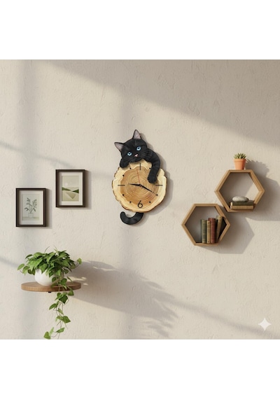 Cajuart Kütük Üzerinden Bakan Siyah Kedi Tasarımlı Duvar Saati Modern Dekoratif Saat Kahverengi
