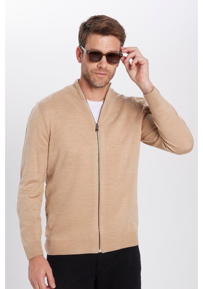 Tudors Unisex Slim Fit Dar Kesim Bej Dik Yaka Fermuarlı Düz Hırka-32262 Bej