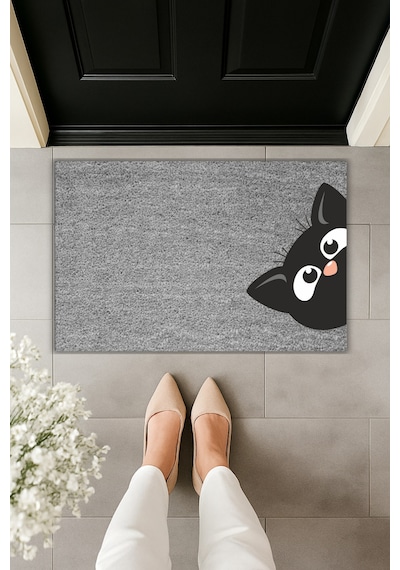 Rugmood Modern Dijital Baskı Paspas - Yandan Bakan Kedi - Kapı Önü Paspası 70x45cm Gri