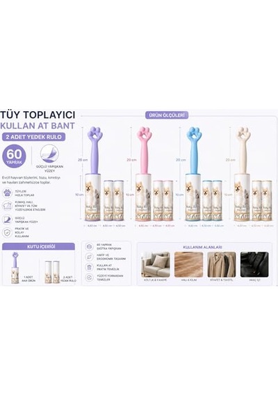 Kedi Patili Tüy Toplayıcı Sticky Roller Seti 60 Yapraklı Güçlü Yapışkanlı Kullan At Bant + 2 Adet Yedek Ru Diğer