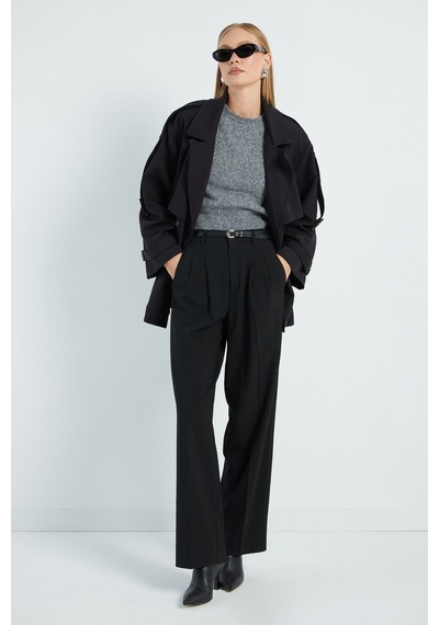 Fullamoda Beli Kemerli Kruvaze Yaka Oversize Trençkot Siyah