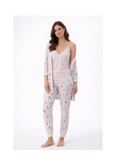 Pemilo Kadın 3378 3'lü Viscon Sabahlık Pijama Takımı Ekru-lila