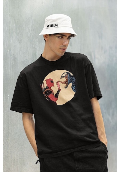 Deadpool X Venom Baskılı Unisex Tişört, Oversize Marvel Film Kara Siyah