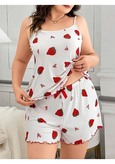 Gizers Giyim Büyük Beden Çilek Desen Pamuklu Şortlu Pijama Takımı Beyaz