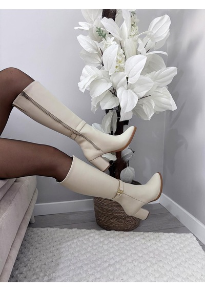 Asmi Shoes Kadın Lara Yandan Fermuarlı Diz Altı Çizme Krem Krem