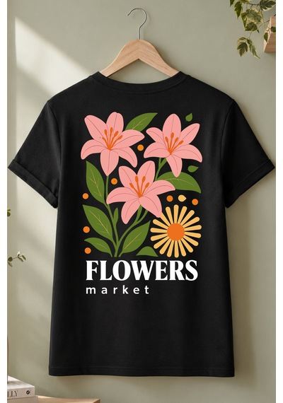 Spoyi Flower Market Tasarımlı %100 Pamuk Yarım Oversize Siyah T-shirt