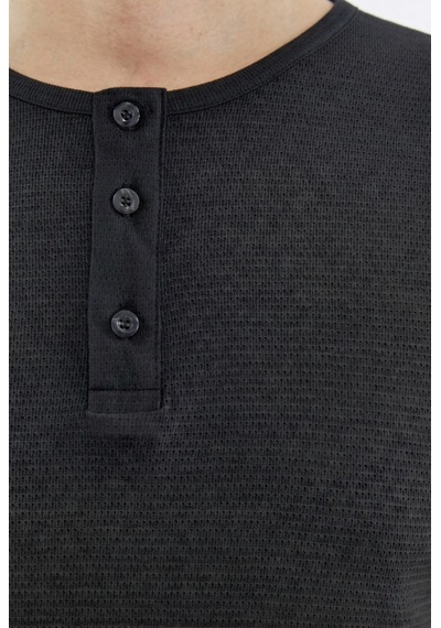 Erkek Henley Yaka %100 Pamuklu Dokulu Kumaştan Kısa Kollu Günlük Basic Tişört SIYAH