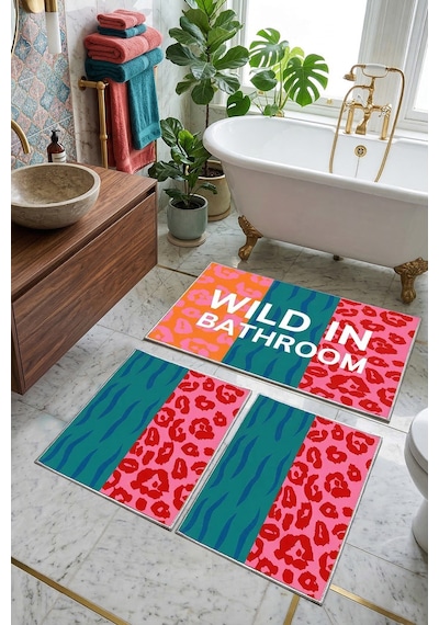 Wildleos 3'lü Banyo Paspası,kaymaz Tabanlı,yıkanabilir 60x100 50x60 50x60 Cm Çok Renkli