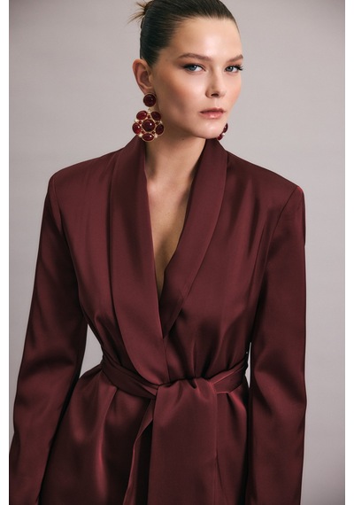Sateen Kuşaklı Saten Ceket - Bordo-137007 Bordo