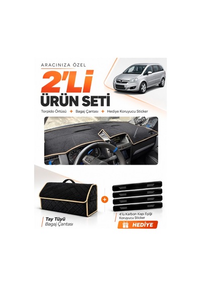 E-biz Opel Zafira B 2004-2011 Uyumlu Torpido Örtüsü + Tay Tüyü Bagaj Çantası - Siyah-bej - Op018